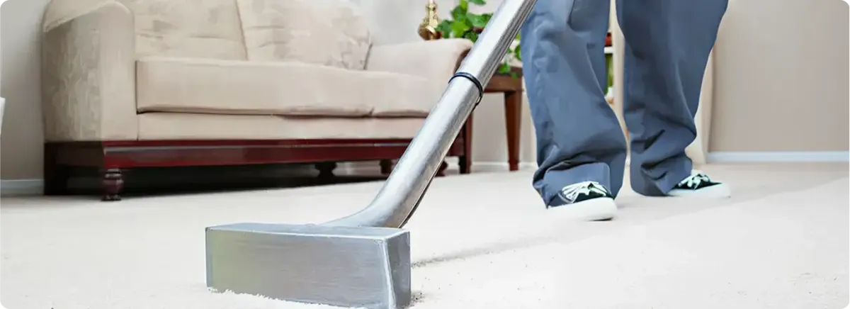Carpet cleaning technician using a hot-water extraction wand on a light-colored carpet in a living room, Newark, NJ.
